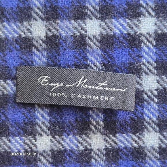 Enzo Mantovani Cashmere Scarf Blue Black Plaid Checks - Picture 3 of 10